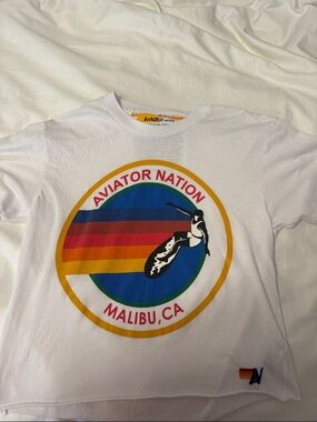 Aviator Nation White Tee with Multicolor Surf Circle Graphic